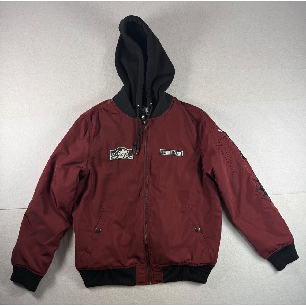 Lurking Class Sketchy Tank Bomber Jacket Maroon Hooded Spiderweb Mens Small